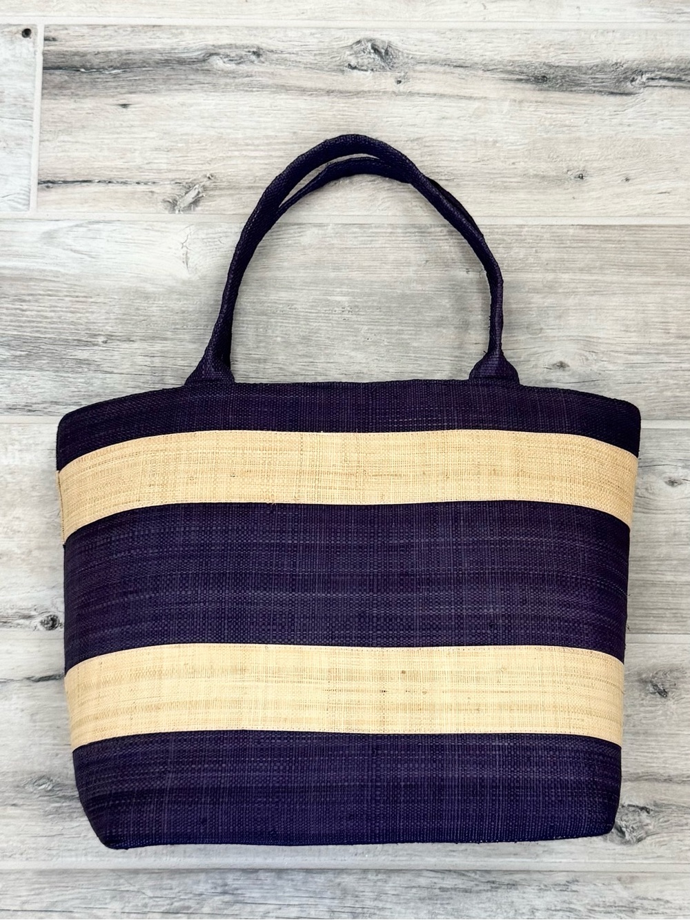 Santorini Striped Indigo Natural Straw Tote Bag
